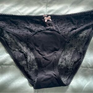 Victoria's Secret Black Lace Panties with Scalloped Trim and Pink Bow